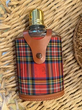 Vintage Red Tartan Plaid Leather-Trim Flask with Gold Cap cowhide case